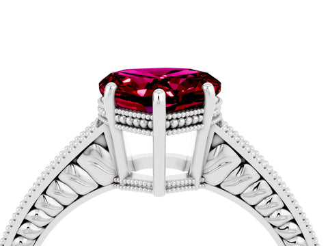 White gold Heart Cut Garnet Engagement Ring with Milgrain Channel Set Band and Prong Setting_4