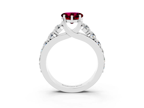 White gold Heart Cut Garnet Engagement Ring with Pavé Band and Four-Prong Setting