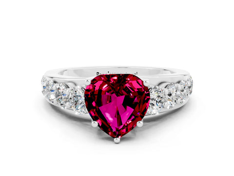 White gold Heart Cut Garnet Engagement Ring with Pavé Band and Four-Prong Setting