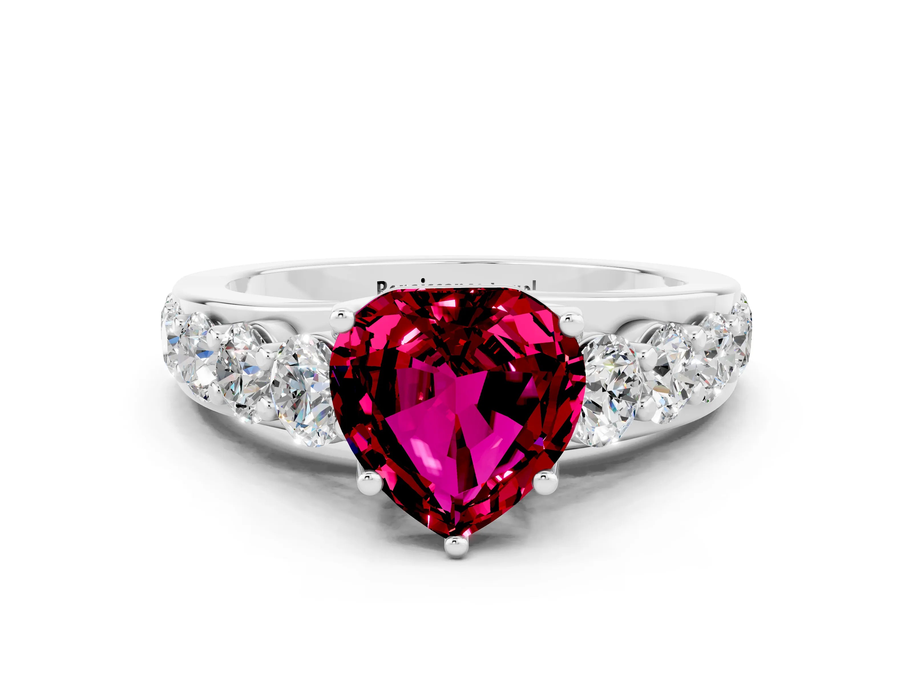 White gold Heart Cut Garnet Engagement Ring with Pavé Band and Four-Prong Setting
