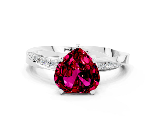 Silver Heart Cut Garnet Engagement Ring with Side Stone Accents and Four-Prong Setting