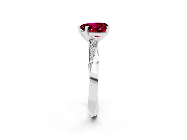White gold Heart Cut Garnet Engagement Ring with Side Stone Accents and Four-Prong Setting