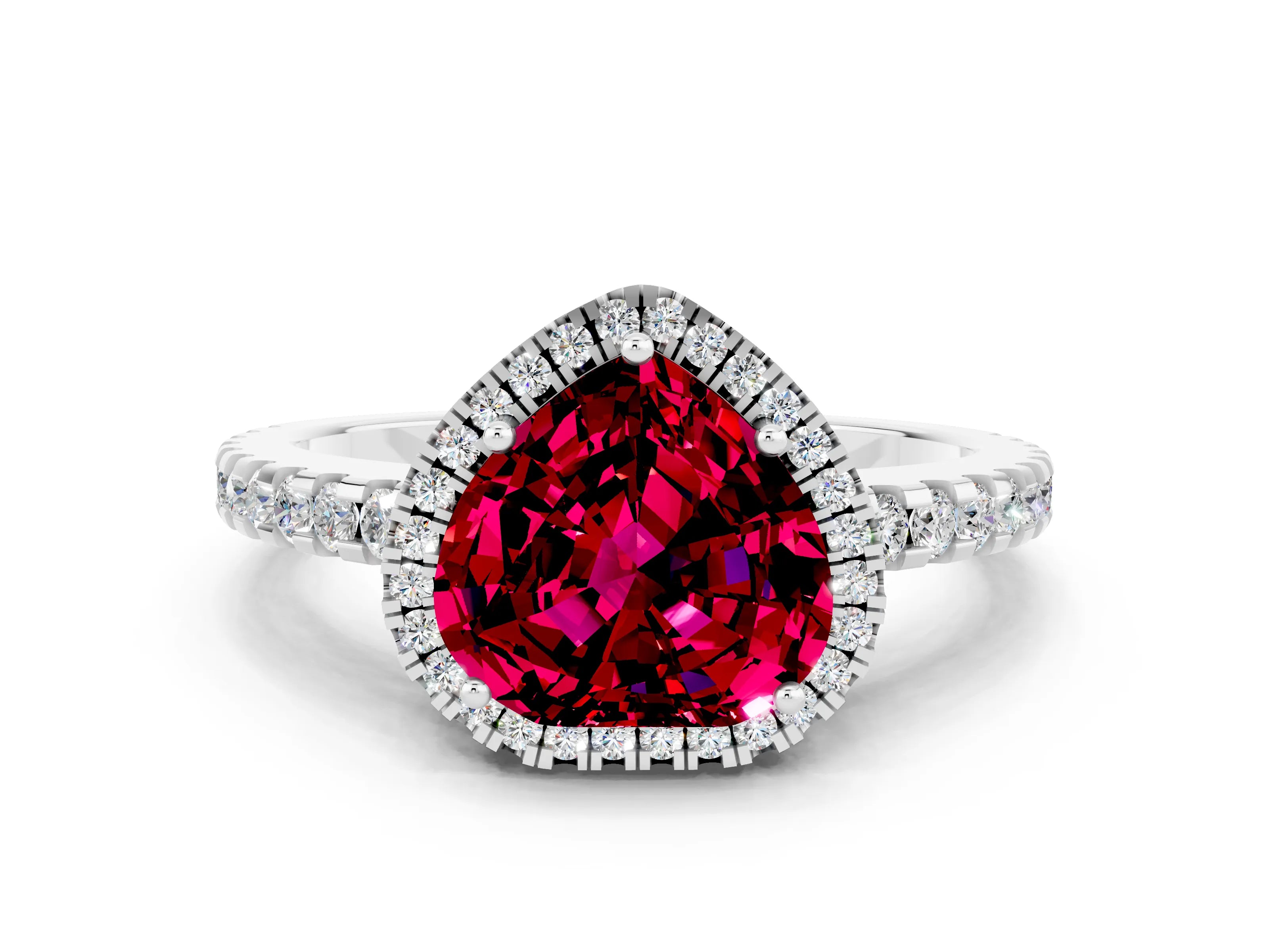 White gold Heart Cut Garnet Halo Engagement Ring with Pavé Band and Prong Setting_12