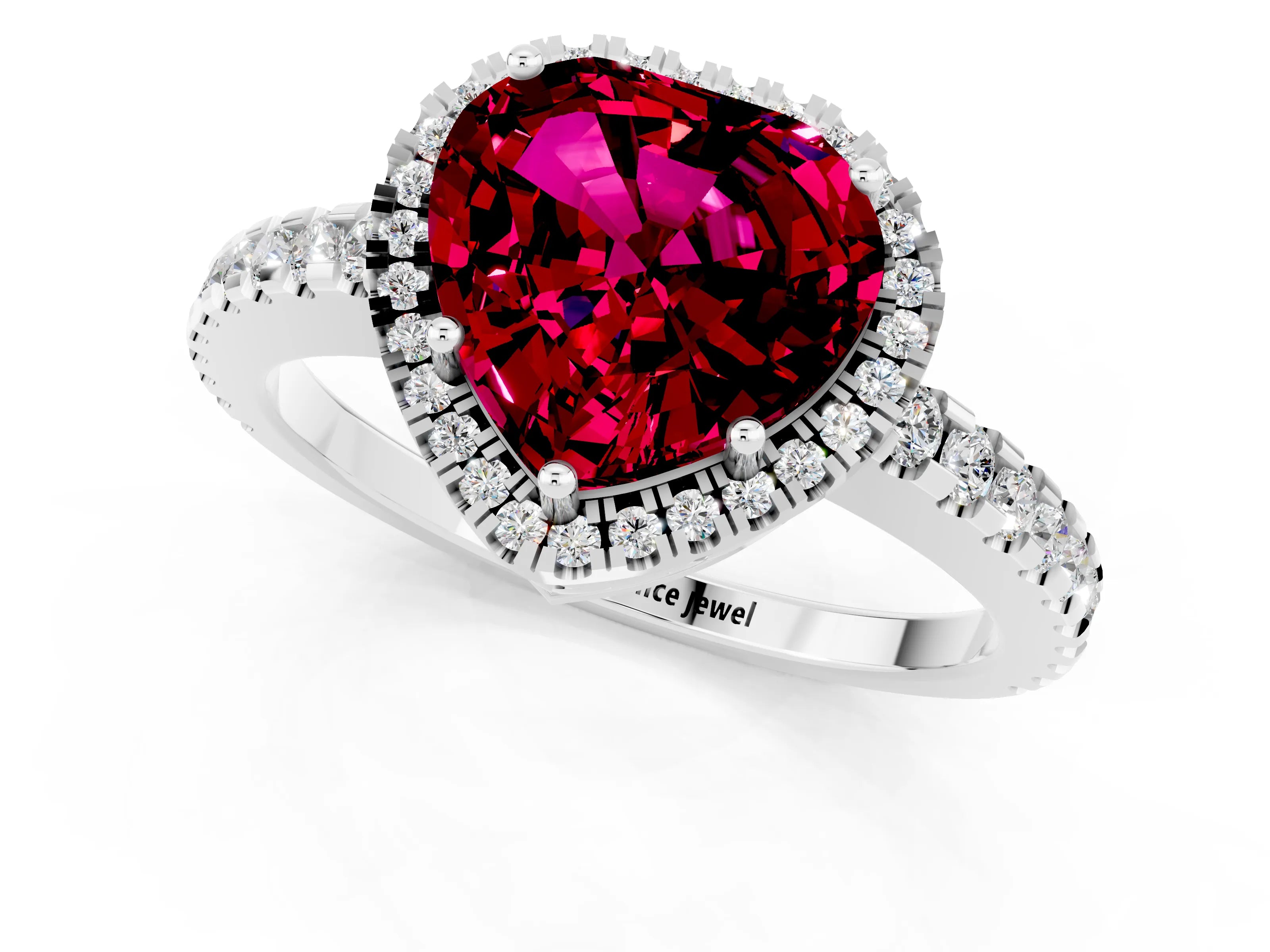 White gold Heart Cut Garnet Halo Engagement Ring with Pavé Band and Prong Setting_13