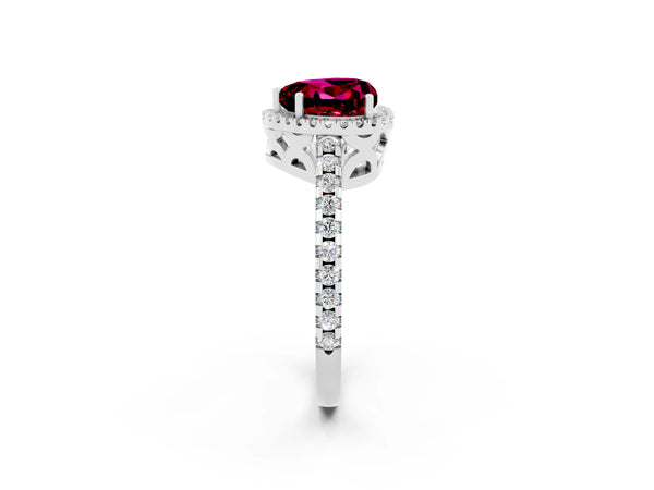 White gold Heart Cut Garnet Halo Engagement Ring with Pavé Band and Prong Setting