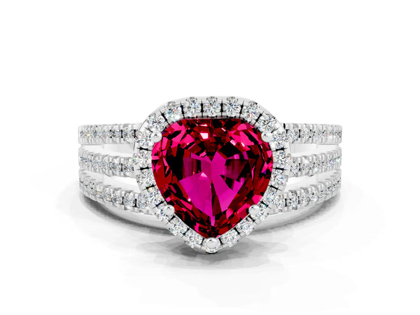 Platinum Heart Cut Garnet Halo Engagement Ring with Split Shank and Four-Prong Setting