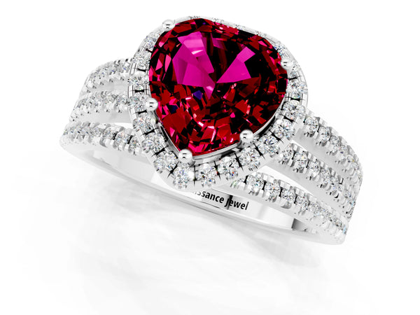 White gold Heart Cut Garnet Halo Engagement Ring with Split Shank and Four-Prong Setting