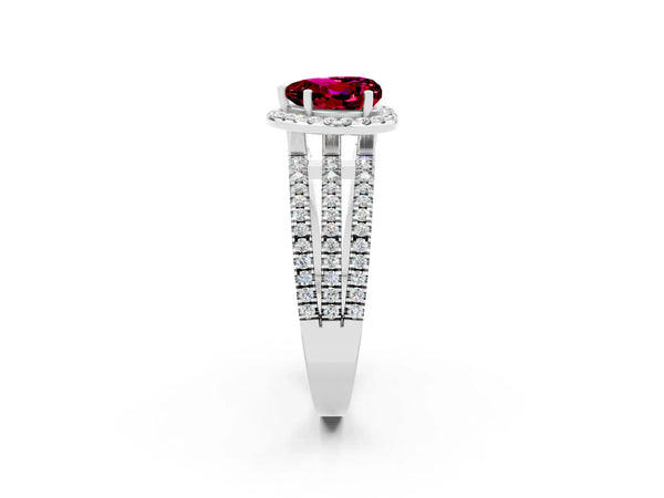 White gold Heart Cut Garnet Halo Engagement Ring with Split Shank and Four-Prong Setting