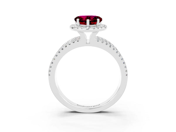 Platinum Heart Cut Garnet Halo Engagement Ring with Split Shank and Four-Prong Setting