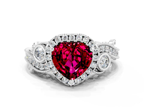 White gold Heart Cut Garnet Halo Ring with Milgrain Pavé Band and Four-Prong Setting_12