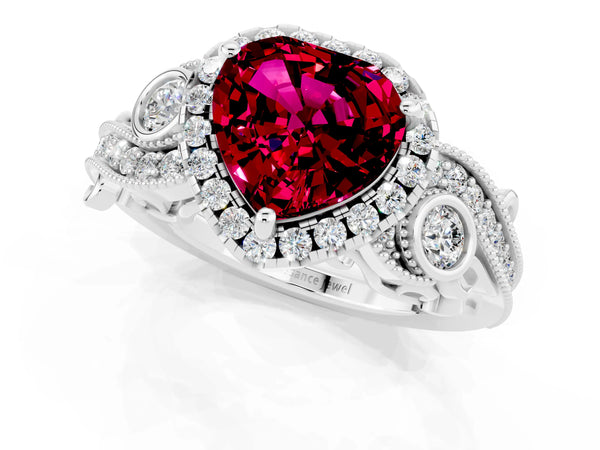 White gold Heart Cut Garnet Halo Ring with Milgrain Pavé Band and Four-Prong Setting
