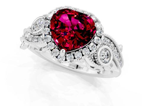 White gold Heart Cut Garnet Halo Ring with Milgrain Pavé Band and Four-Prong Setting_13