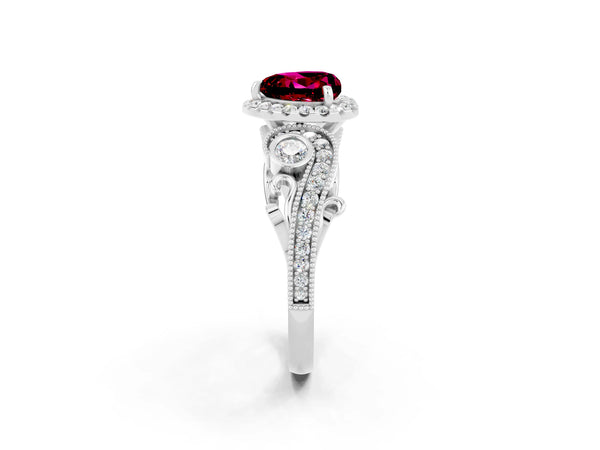 Platinum Heart Cut Garnet Halo Ring with Milgrain Pavé Band and Four-Prong Setting
