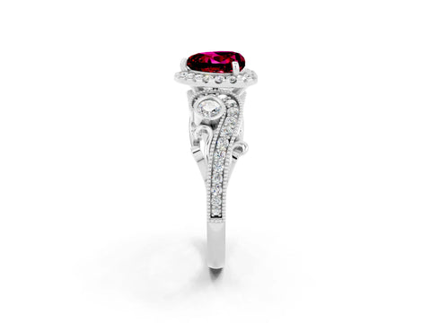White gold Heart Cut Garnet Halo Ring with Milgrain Pavé Band and Four-Prong Setting_14