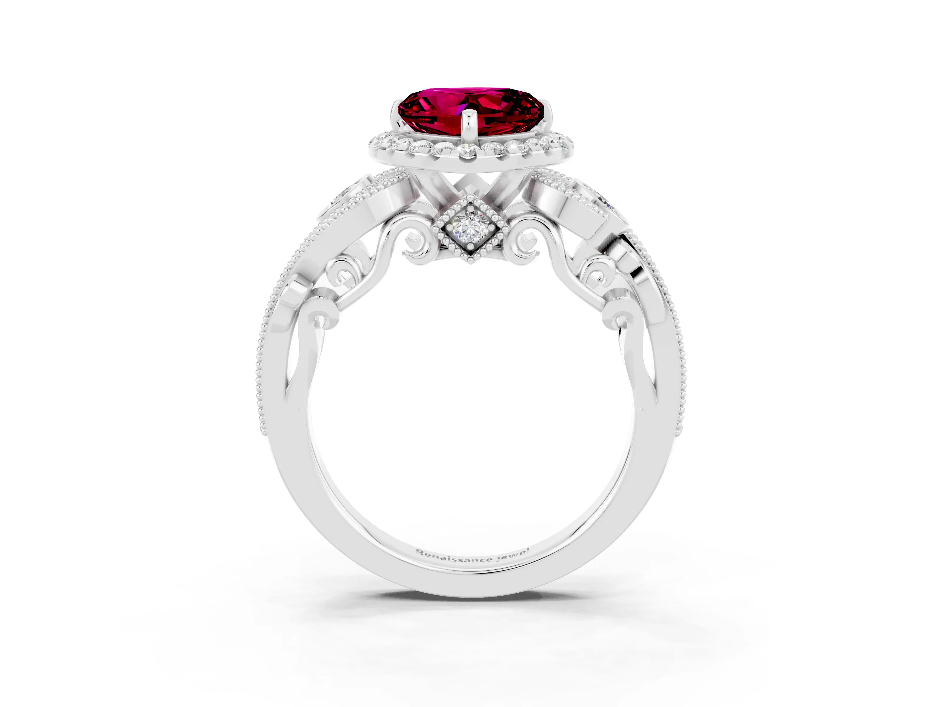 White gold Heart Cut Garnet Halo Ring with Milgrain Pavé Band and Four-Prong Setting_15