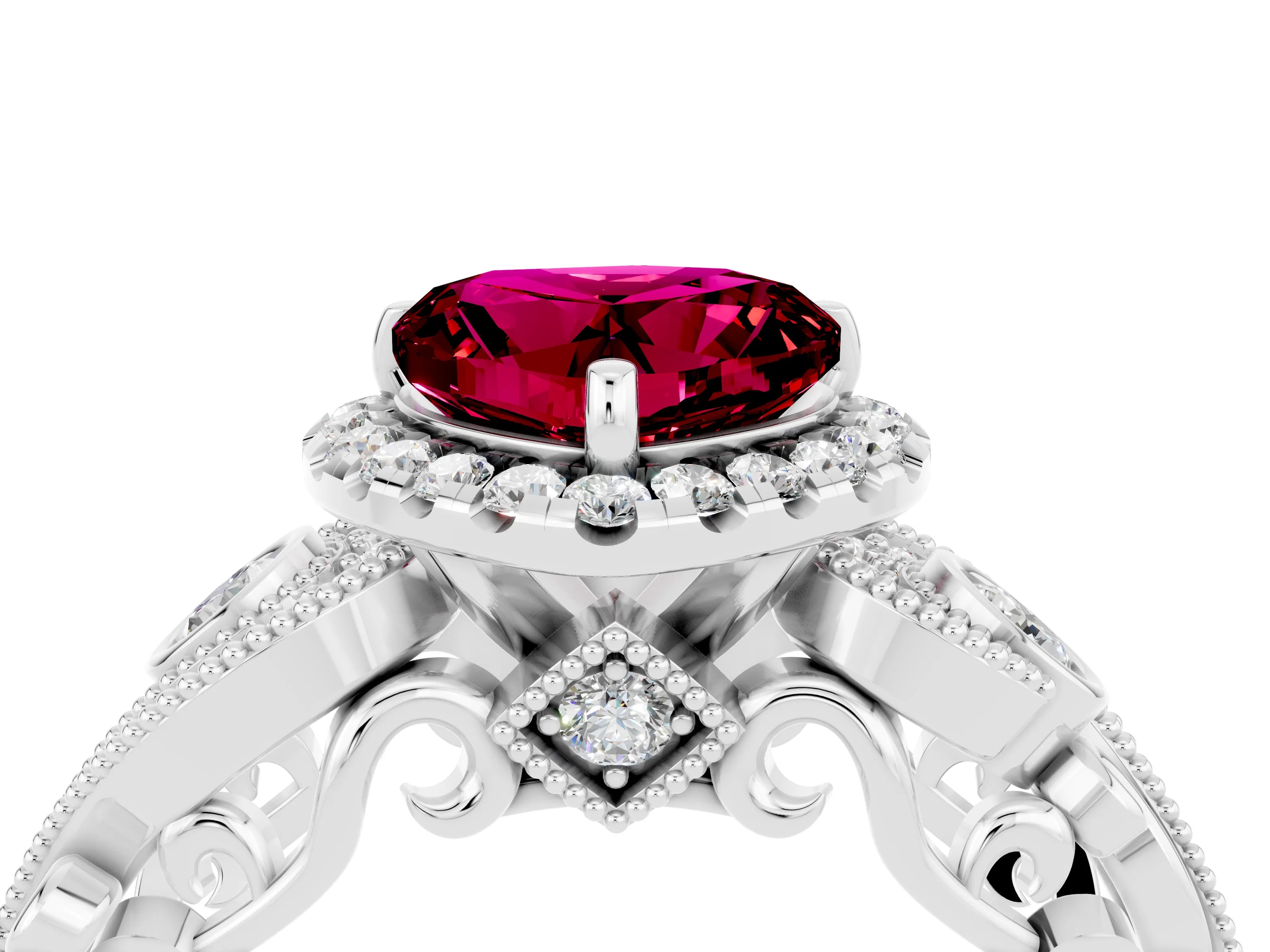 White gold Heart Cut Garnet Halo Ring with Milgrain Pavé Band and Four-Prong Setting_16