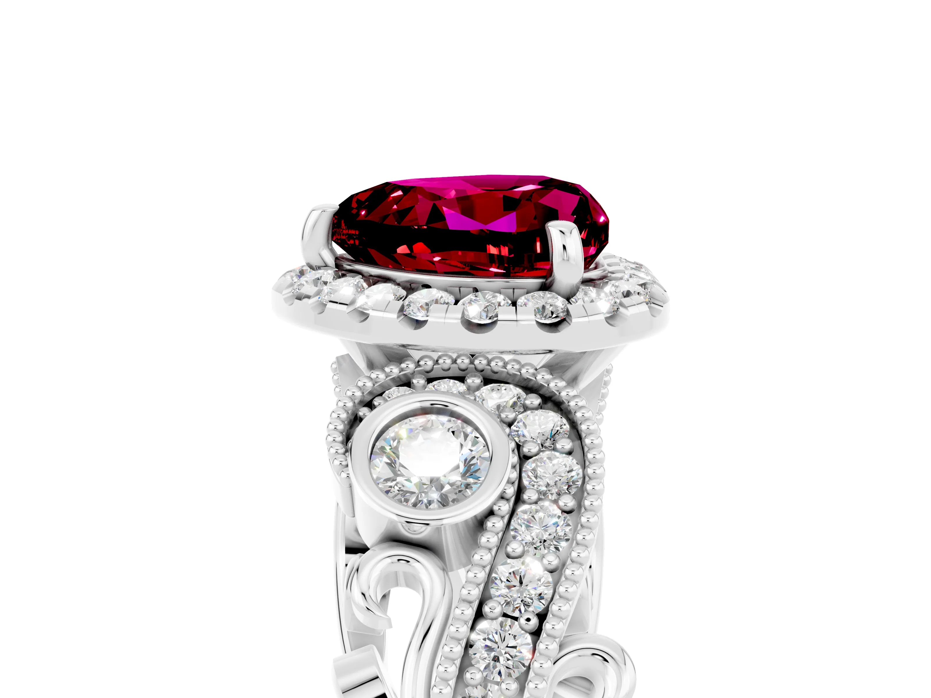 White gold Heart Cut Garnet Halo Ring with Milgrain Pavé Band and Four-Prong Setting_17