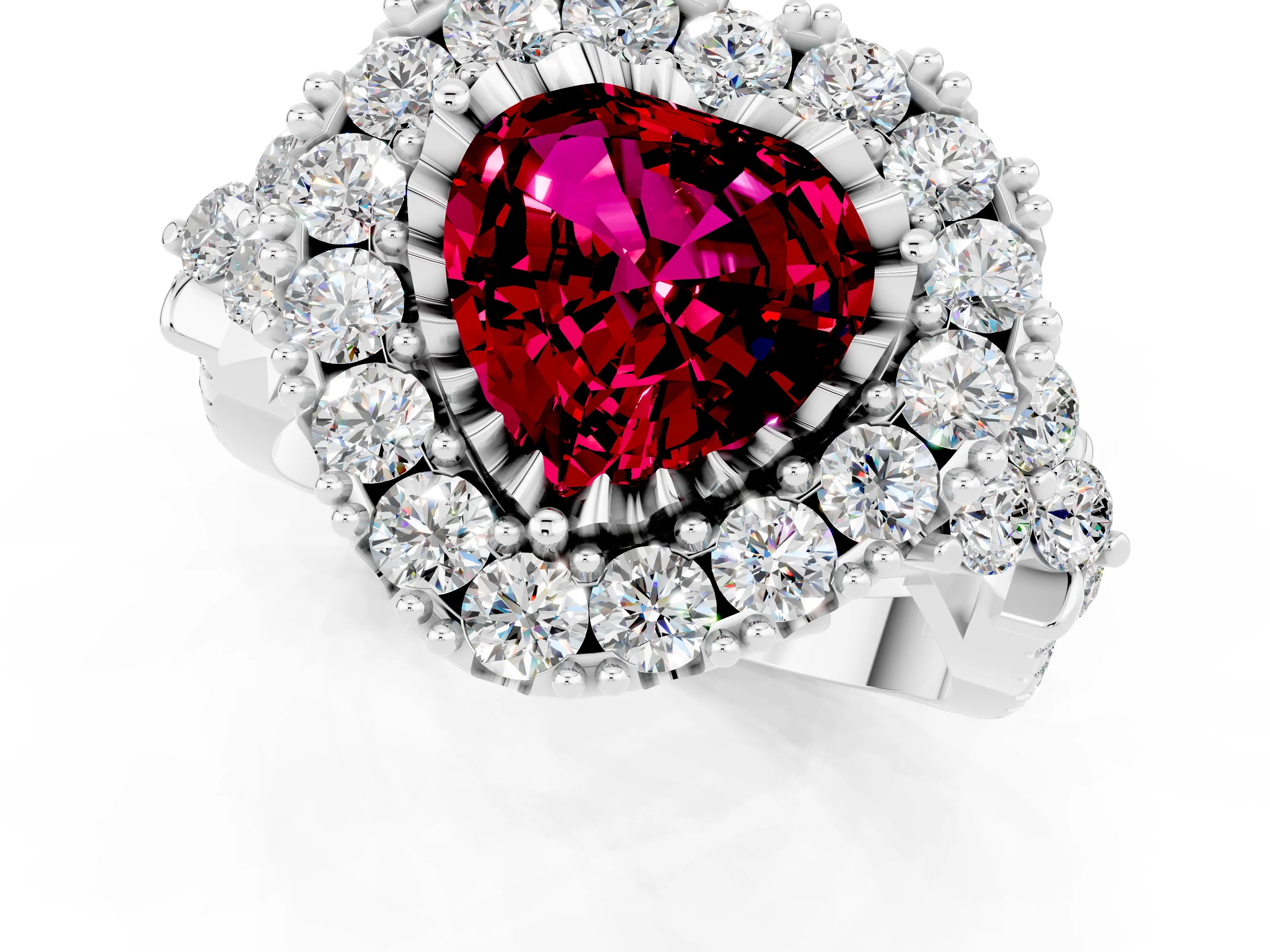 White gold Heart Cut Garnet Halo Ring with Pavé Band and Four-Prong Setting_13