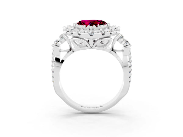 Platinum Heart Cut Garnet Halo Ring with Pavé Band and Four-Prong Setting