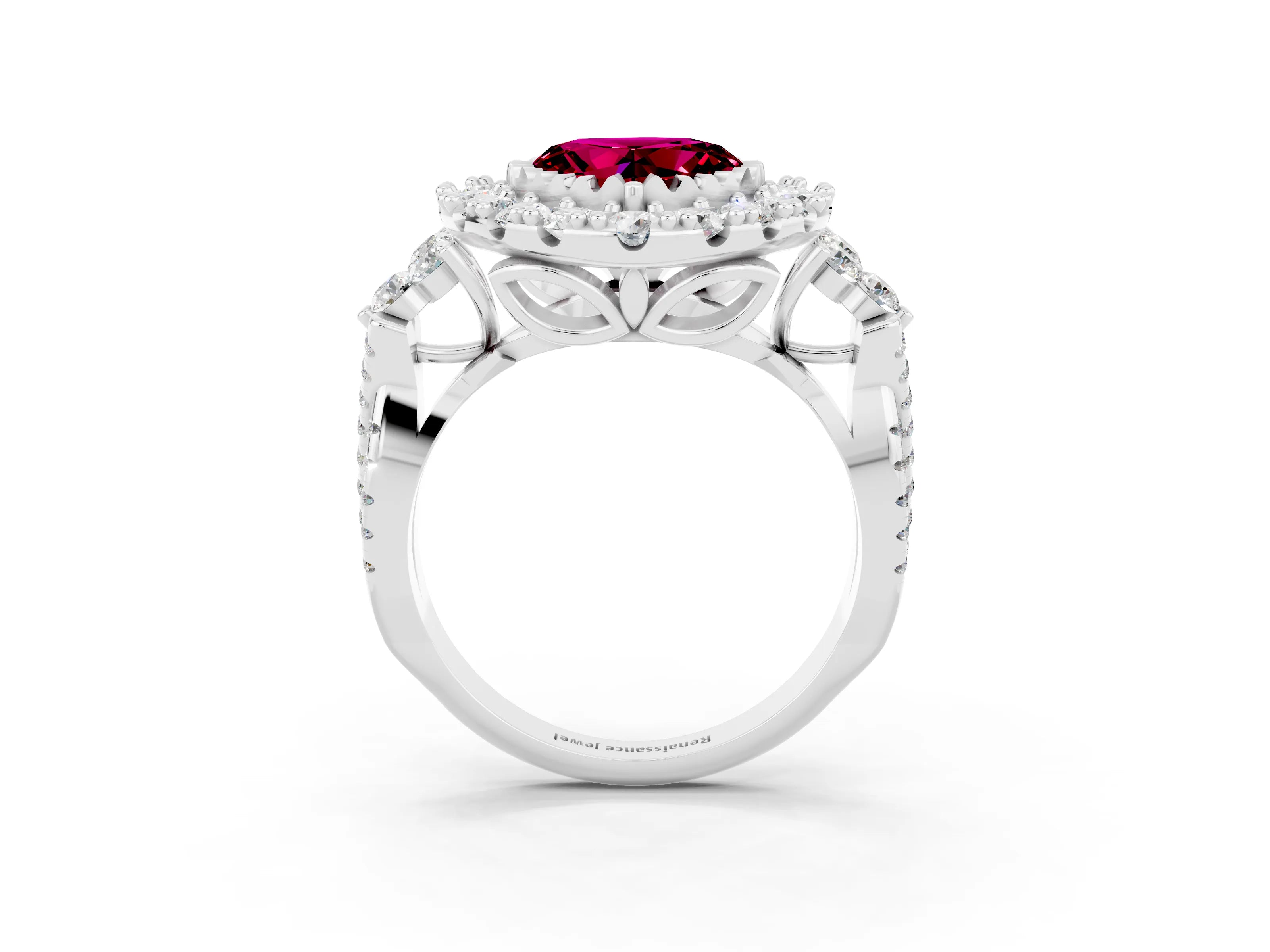 White gold Heart Cut Garnet Halo Ring with Pavé Band and Four-Prong Setting_15