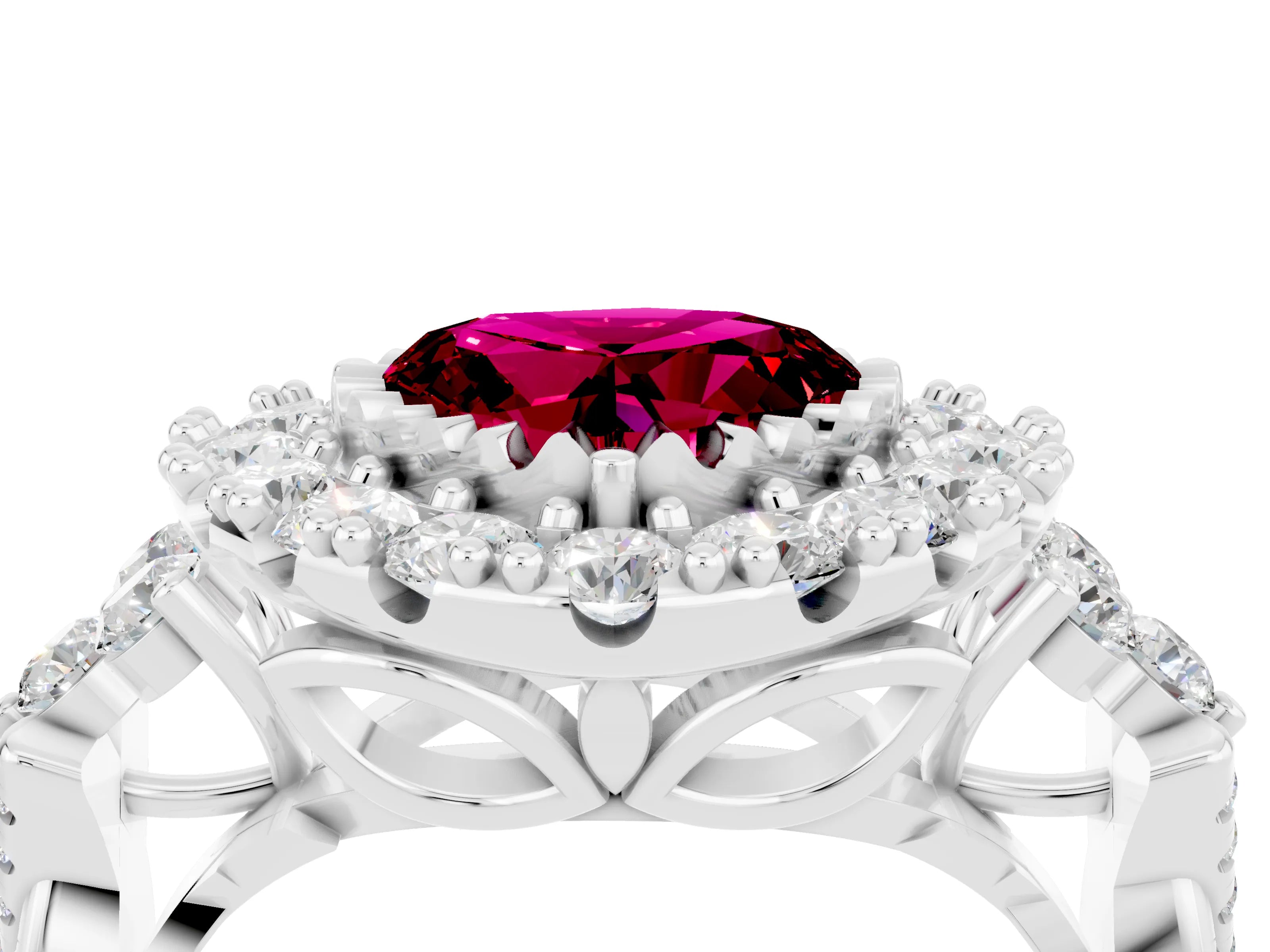 White gold Heart Cut Garnet Halo Ring with Pavé Band and Four-Prong Setting_16