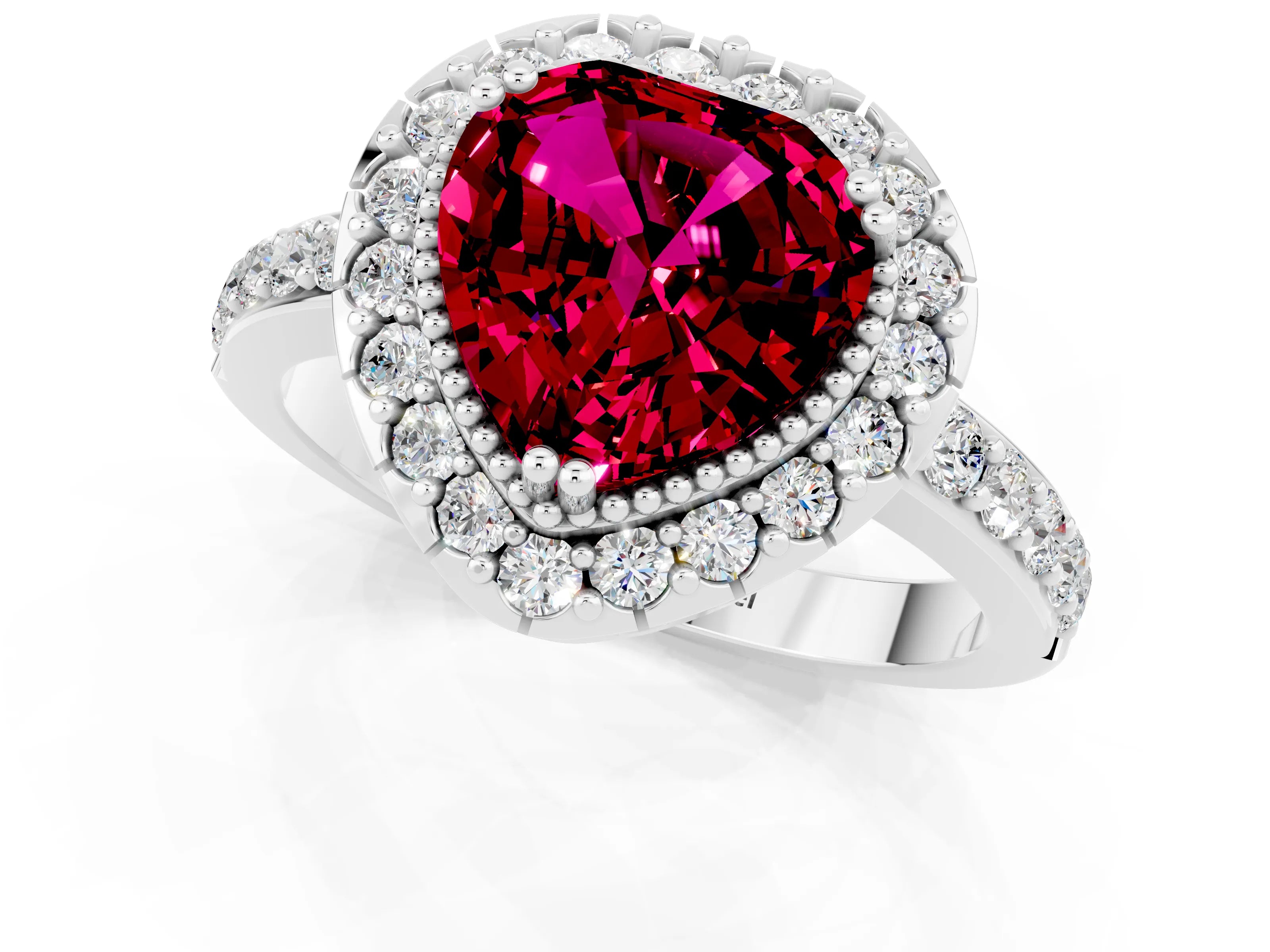 White gold Heart Cut Garnet Halo Ring with Pavé Band and Prong Setting_1