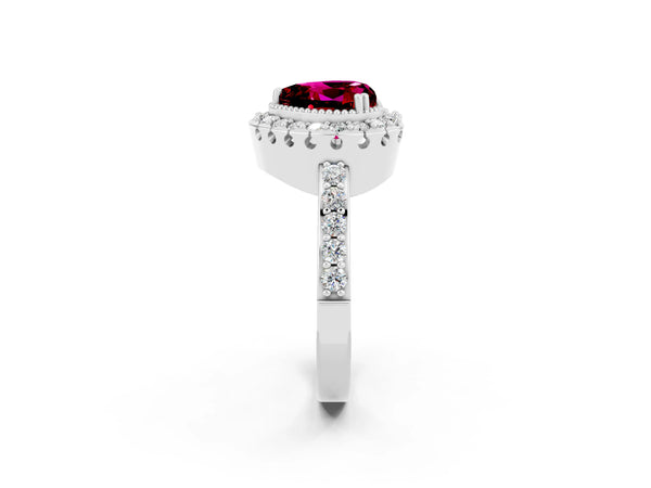 Platinum Heart Cut Garnet Halo Ring with Pavé Band and Prong Setting