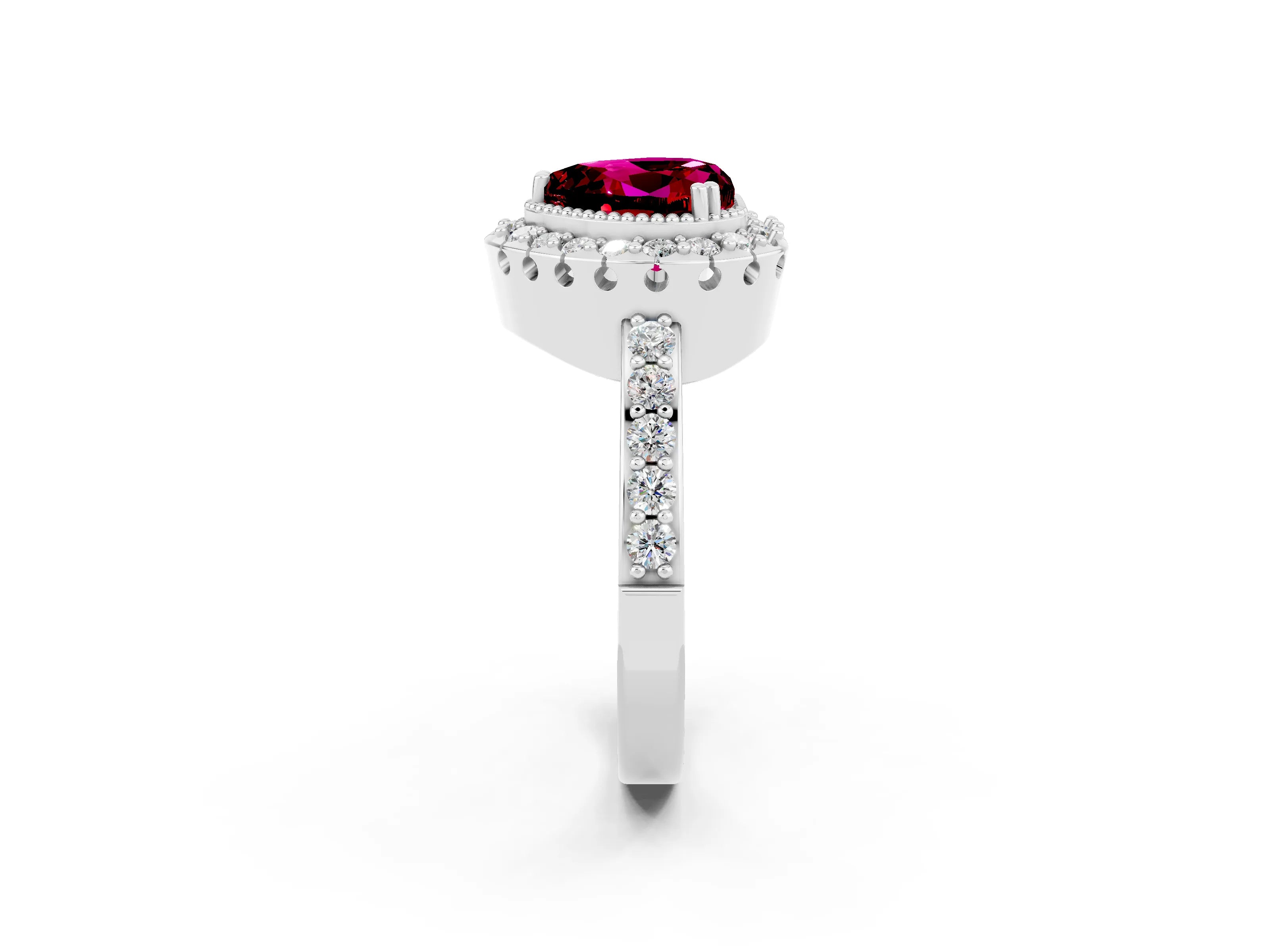 White gold Heart Cut Garnet Halo Ring with Pavé Band and Prong Setting_2
