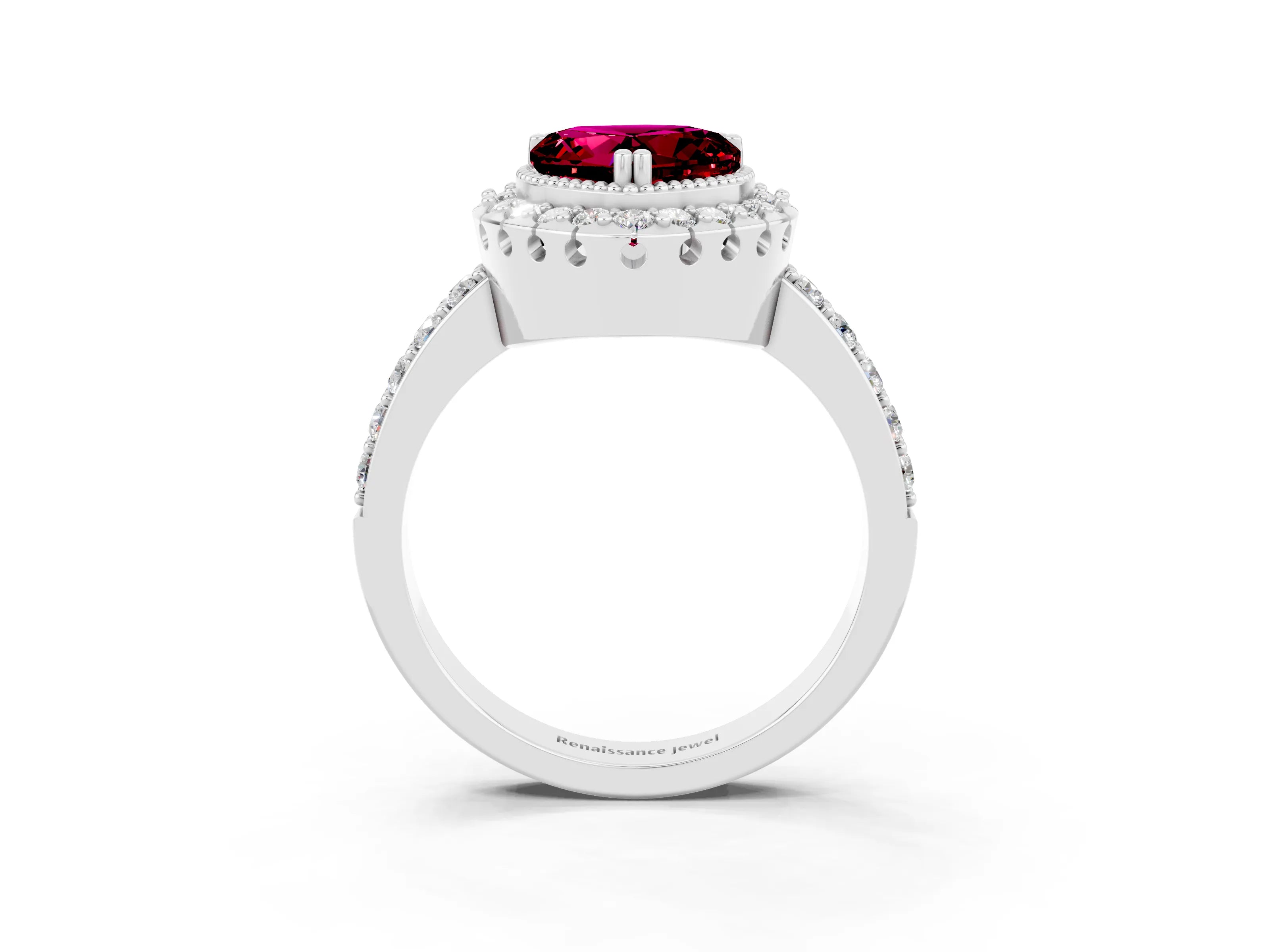 White gold Heart Cut Garnet Halo Ring with Pavé Band and Prong Setting_3