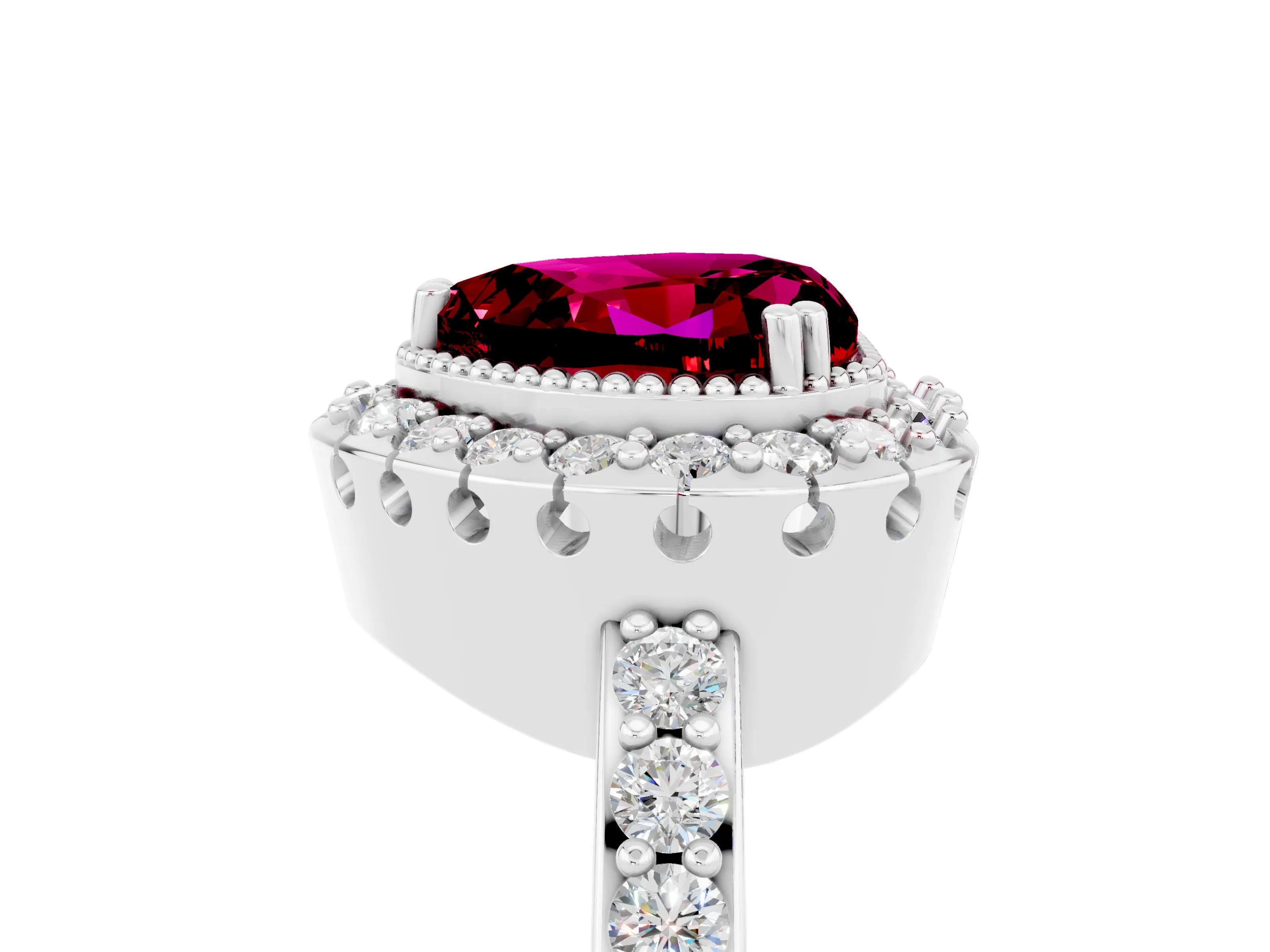 White gold Heart Cut Garnet Halo Ring with Pavé Band and Prong Setting_5