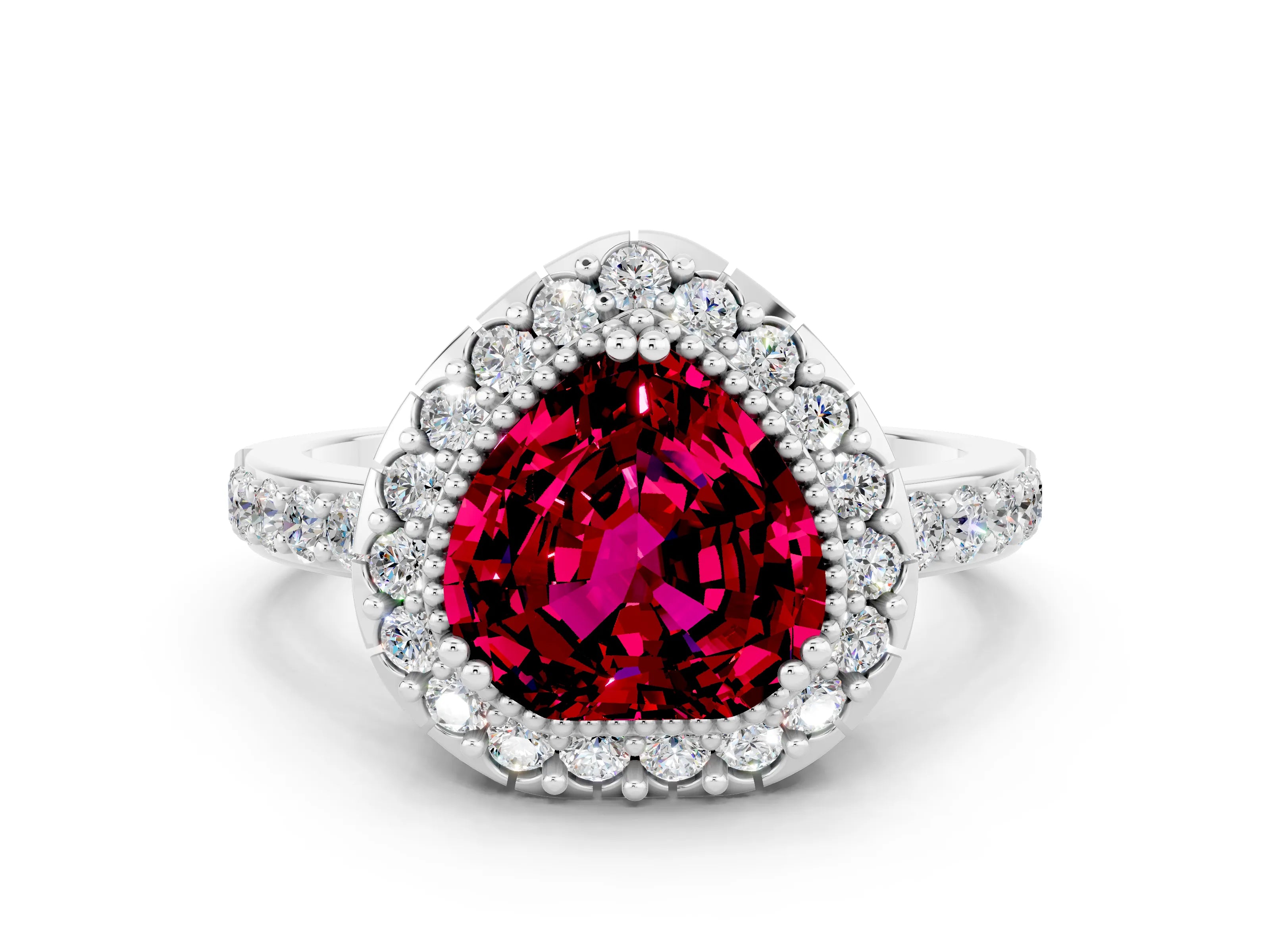 White gold Heart Cut Garnet Halo Ring with Pavé Band and Prong Setting