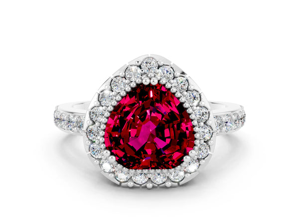White gold Heart Cut Garnet Halo Ring with Pavé Band and Prong Setting