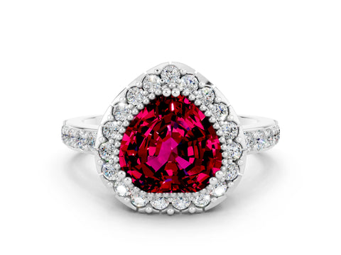 White gold Heart Cut Garnet Halo Ring with Pavé Band and Prong Setting