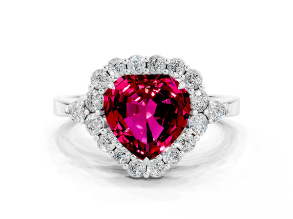 White gold Heart Cut Garnet Halo Ring with Pear Side Stones and Prong Setting