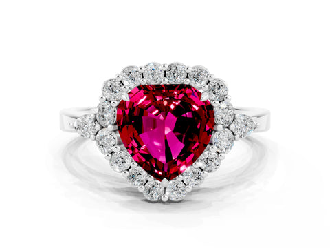White gold Heart Cut Garnet Halo Ring with Pear Side Stones and Prong Setting_24