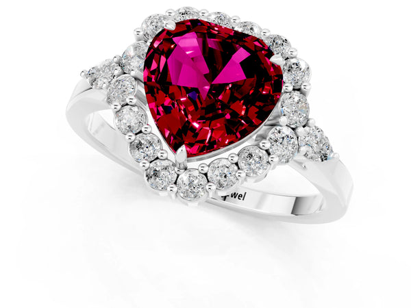 Platinum Heart Cut Garnet Halo Ring with Pear Side Stones and Prong Setting