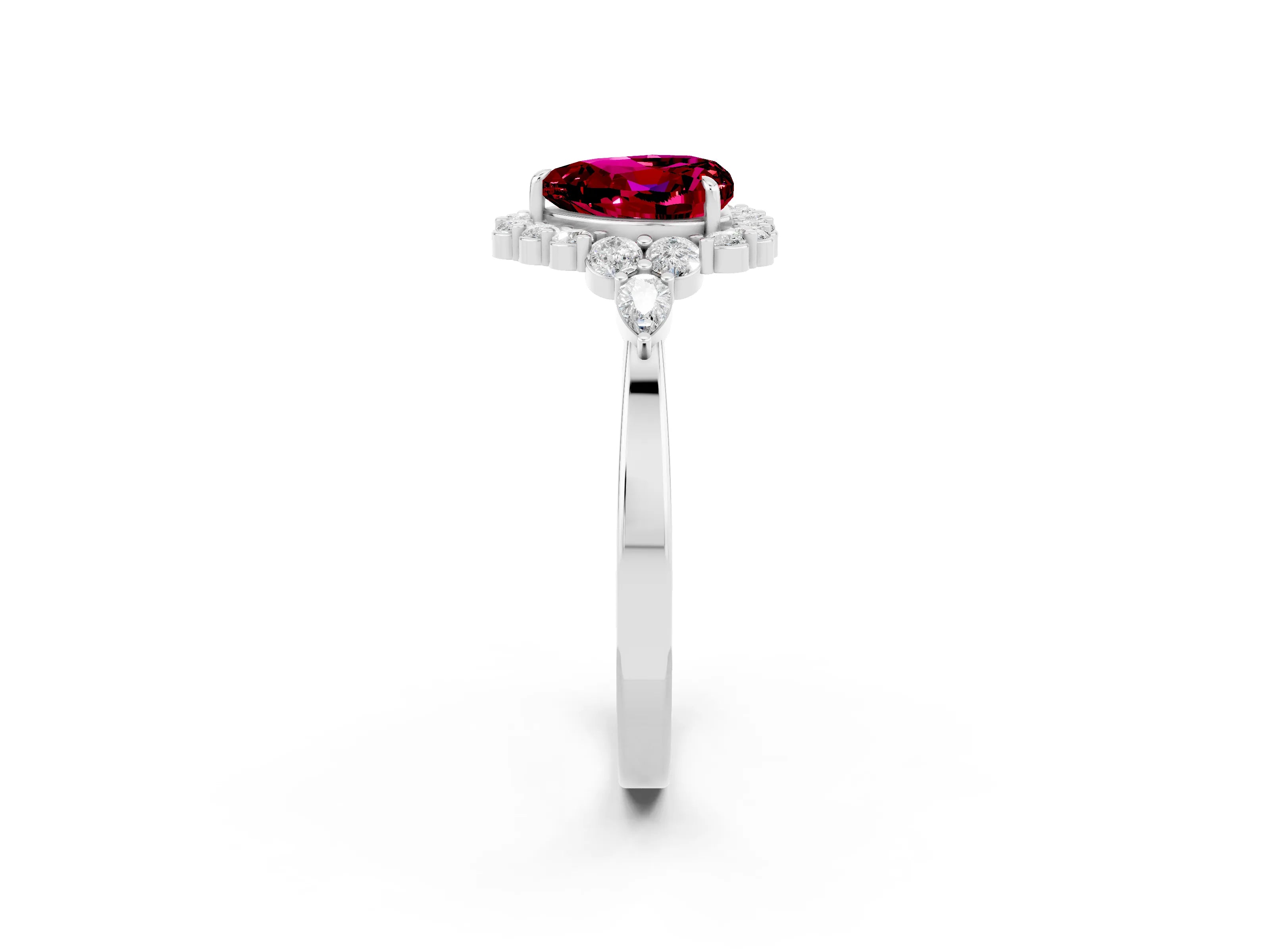 White gold Heart Cut Garnet Halo Ring with Pear Side Stones and Prong Setting_26