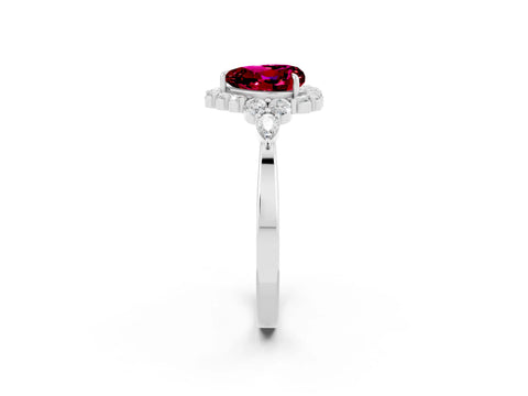 White gold Heart Cut Garnet Halo Ring with Pear Side Stones and Prong Setting_26
