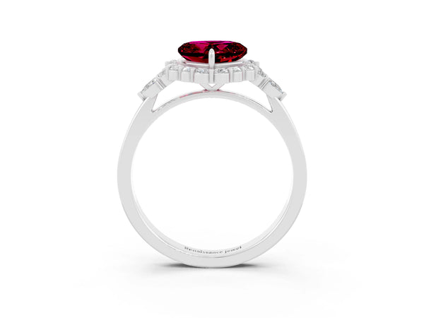 White gold Heart Cut Garnet Halo Ring with Pear Side Stones and Prong Setting