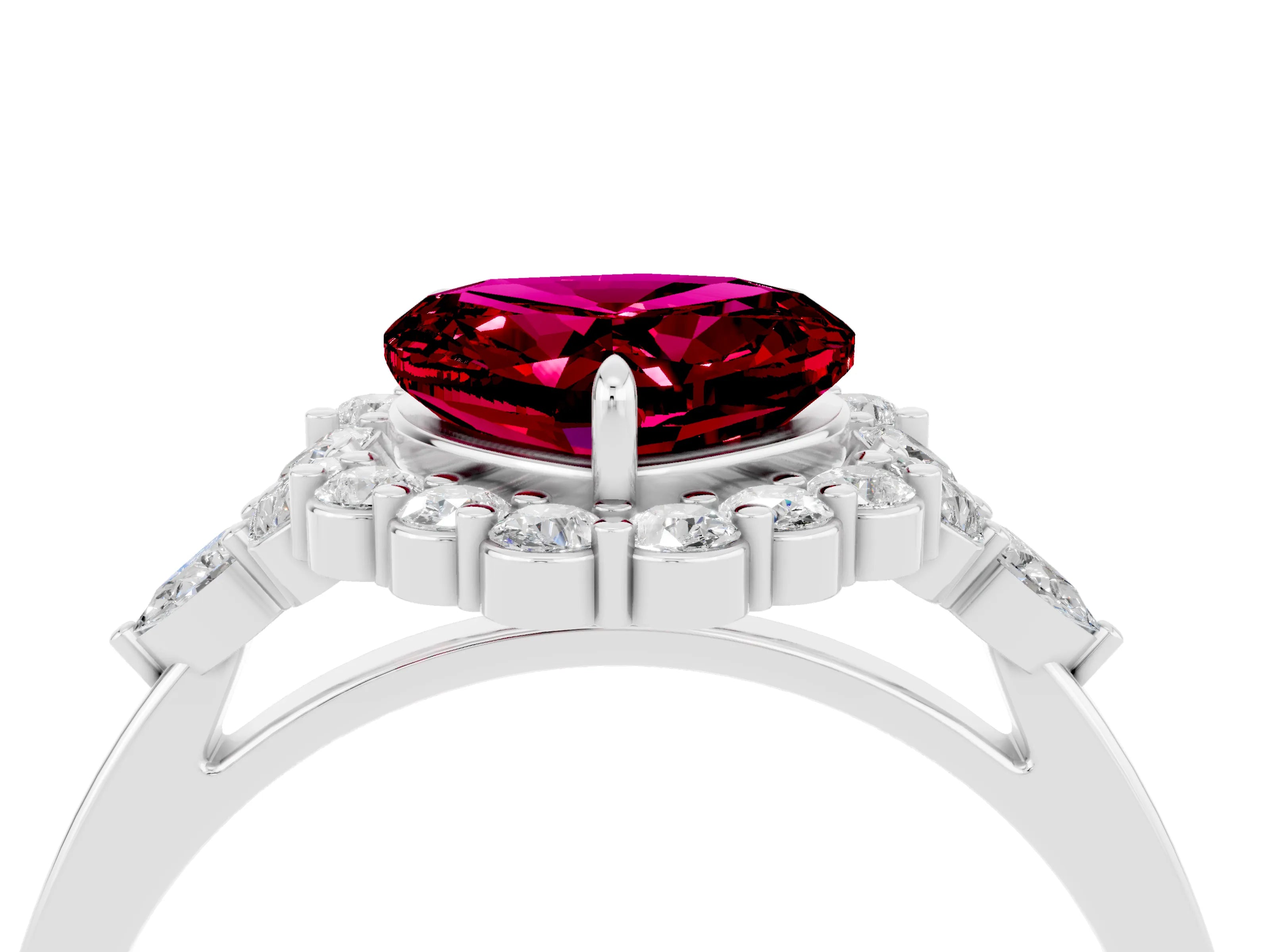 White gold Heart Cut Garnet Halo Ring with Pear Side Stones and Prong Setting_28