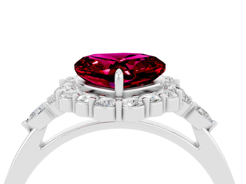 White gold Heart Cut Garnet Halo Ring with Pear Side Stones and Prong Setting_28