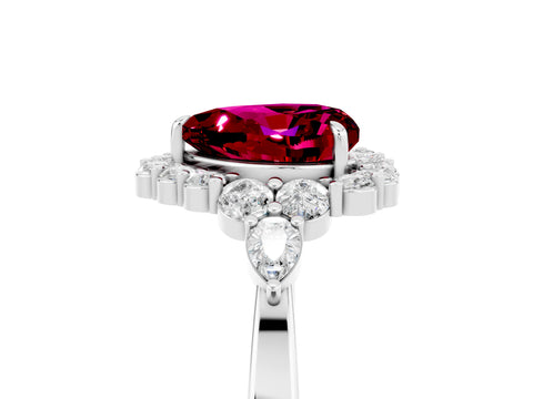 White gold Heart Cut Garnet Halo Ring with Pear Side Stones and Prong Setting_29
