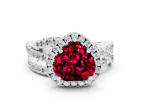 Platinum Heart Cut Garnet Halo Ring with Round Split Shank and Prong Setting