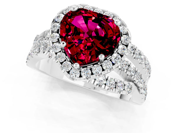 Platinum Heart Cut Garnet Halo Ring with Round Split Shank and Prong Setting