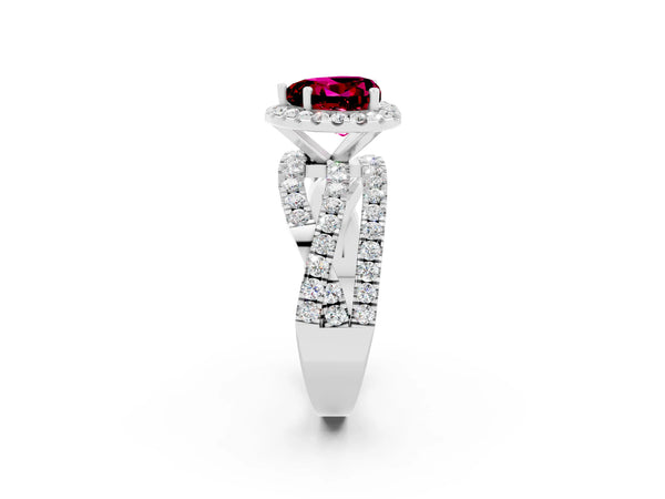 Silver Heart Cut Garnet Halo Ring with Round Split Shank and Prong Setting