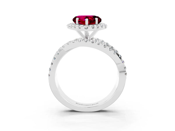 Platinum Heart Cut Garnet Halo Ring with Round Split Shank and Prong Setting