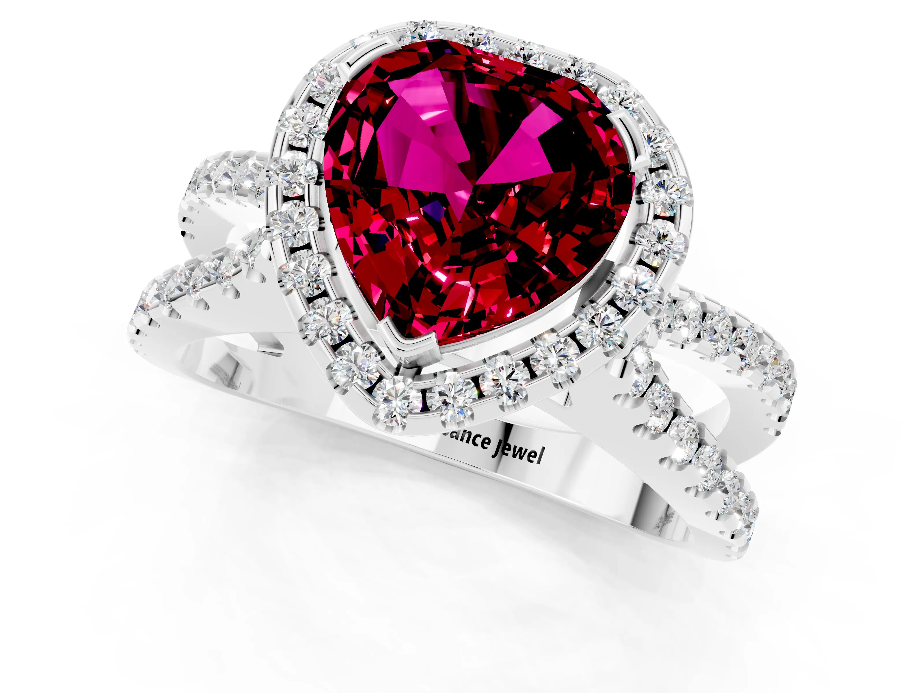 White gold Heart Cut Garnet Halo Ring with Split Shank Pavé Band and Prong Setting_1