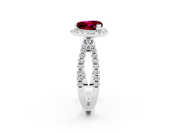 Platinum Heart Cut Garnet Halo Ring with Split Shank Pavé Band and Prong Setting