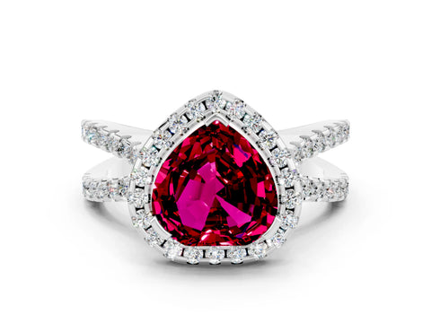 White gold Heart Cut Garnet Halo Ring with Split Shank Pavé Band and Prong Setting