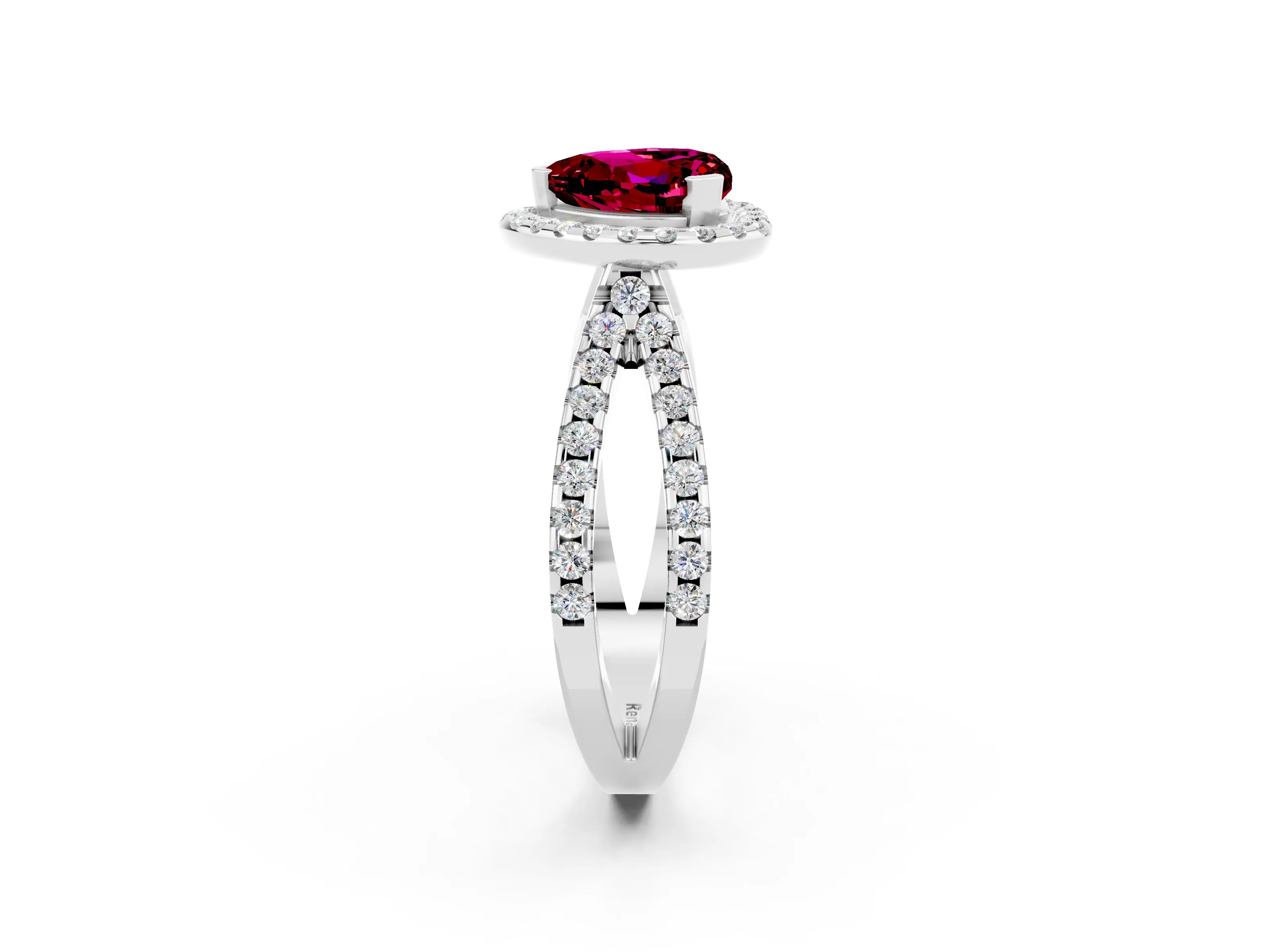White gold Heart Cut Garnet Halo Ring with Split Shank Pavé Band and Prong Setting_2